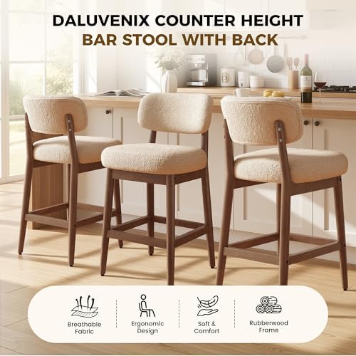 Solid Wood Counter Height Bar Stools Set of 2, Fluffy Boucle Bar Chairs with Frame, Mid-Century Modern Upholstered Stools with Backrest for Kitchen Island, Home Bar, Oatmeal