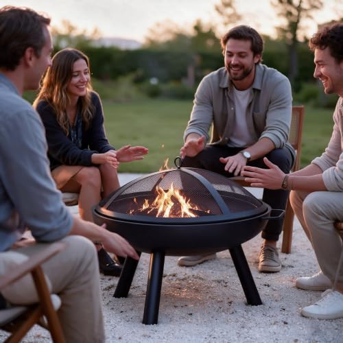 23inch Portable Fire Pit with Fire Poker and Spark Screen, 2 in 1 Small Round Outdoor Fireplace for Outside Heating, Bonfire Party, Camping, Backyard, Patio, Garden, RV Trip