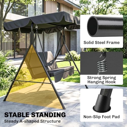 Outsunny 3-Person Porch Swing w/Stand Adjustable Tilt Canopy, Black