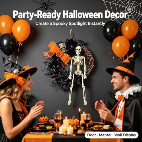 Halloween Skull Wreath Black Glitter Branch Artificial Wreath for Front Door Inch Spooky Halloween Decor Skull Top Hat Striped Bow Decor for Home Party Wall Porch Gothic Holiday Decoration