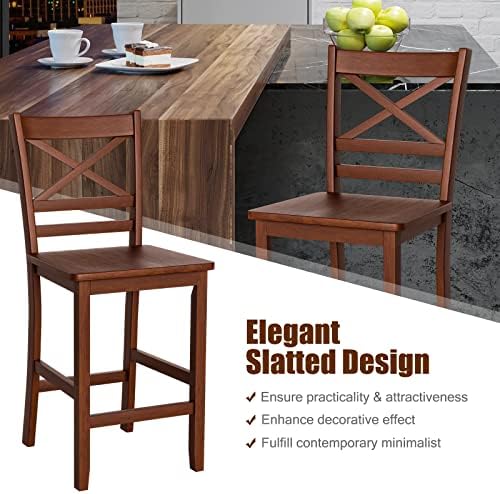 COSTWAY 25'' Wooden Counter Height Barstools Set of 2 with Slatted Backrest