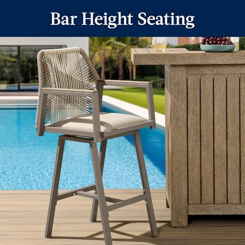 Best Choice Products Outdoor Bar Stools Set of 2, Bar Height, 360° Swivel Aluminum Frame, All-Weather Woven Rope Chair Design w/Armrests - Taupe/Sandstorm