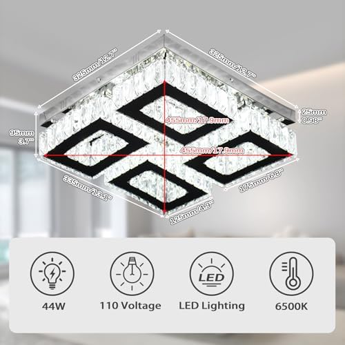 13.1" Modern Square Crystal Flush Mount Chandelier Ceiling Light cool white