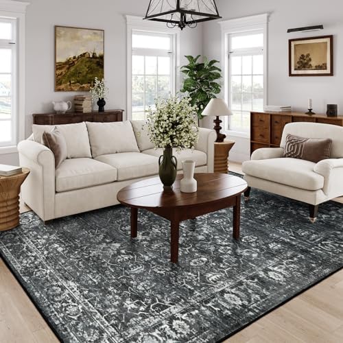 Lahome Margot Area Rugs 9x12 Living Room Soft Large Rugs for Bedroom, Boho Black Dining Room Rug, Distressed Non Slip Low Pile Carpet for Indoor Home Office(9'x12', Black/Grey)