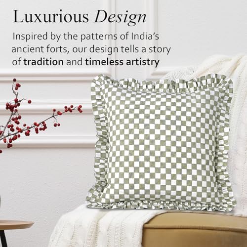 CPC Sage Gingham Print Ruffle Throw Pillow Cover 18x18 Inch, Pack of 2