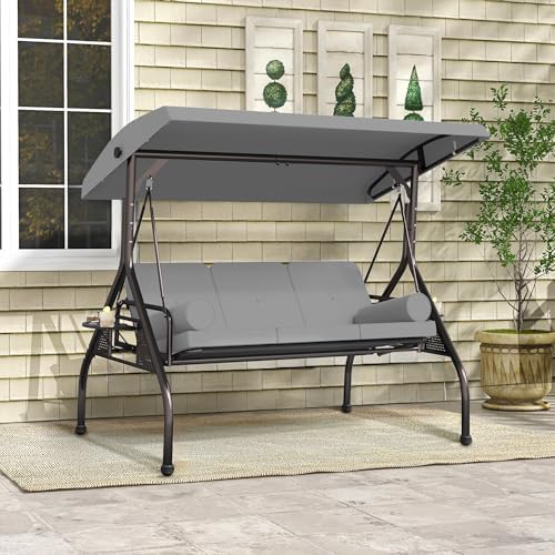 SUNCROWN Outdoor 3 in 1 Porch Swing Chair, 3 Seat Patio Swing Glider with Adjustable Canopy, Heavy Duty Swings with Thickened Cushions, Pillows & Cup Holders for Backyard, Porch, Garden,Grey
