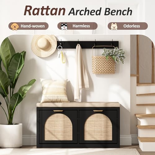 Rattan Narrow Entryway Bench with Shoe Storage, 2 Flip Drawers & Coat Rack, Mid-Century Modern Wood Shoe Cabinet with Seat Cushion for Foyer/Hallway (Black)