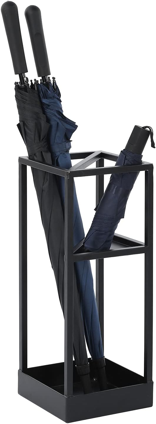 MyGift 20 Inch Tall Black Metal Geometric Umbrella Stand with Drip Tray