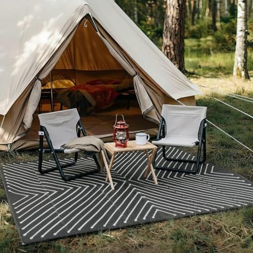 Garvee 5x8 Black and White Striped Outdoor Waterproof Rug Reversible Plastic Straw Patio Mat, Portable RV Camping Rug Quick Dry for Picnic, Beach, Balcony, Deck UV Protected & Lightwight, Black&White