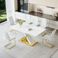 YUNDREAM Modern Marble Dining Table Set for 6,White Gold 63'' Dining Room Table with Chrome Plated X-Shaped Frame and White Leather Dining Chairs,Easy Assemble,Kitchen Table and Chairs for Dining Room
