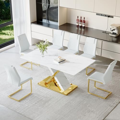 YUNDREAM Modern Marble Dining Table Set for 6,White Gold 63'' Dining Room Table with Chrome Plated X-Shaped Frame and White Leather Dining Chairs,Easy Assemble,Kitchen Table and Chairs for Dining Room