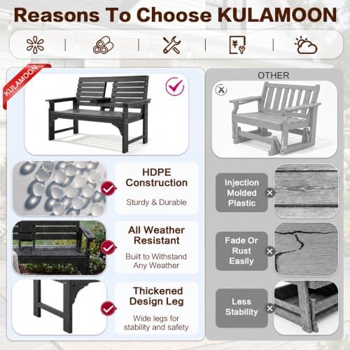 Outdoor Bench, HDPE 2-Person Garden Bench with Cup Holders
