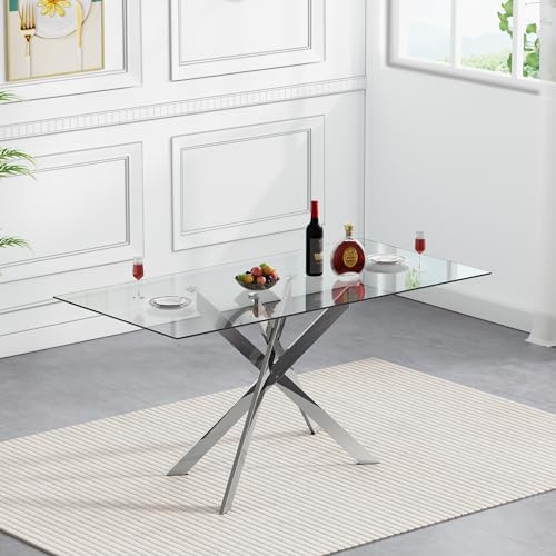 5 Piece Glass Dining Table Set Modern Glass Dining Table Set for 4, 51" Rectangular Kitchen Table and 4 Velvet Upholstered Chairs for Kitchen Dining Room, Silver Table & Blue Chair
