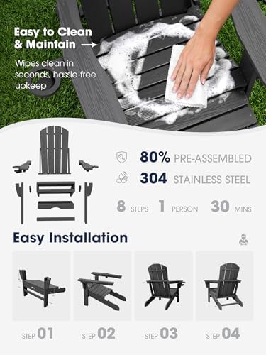 KINGYES Adjustable Folding Adirondack Chairs with Footrest & 2 Cup, HDPE Recliner Adirondack Chair with Ottoman, Grey