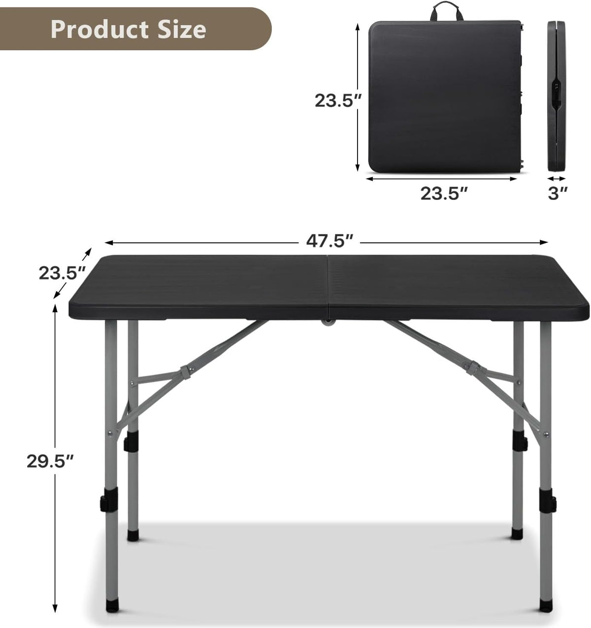 OS MOTOR 4ft Folding Table with Carry Handle, 48 Inch, Black