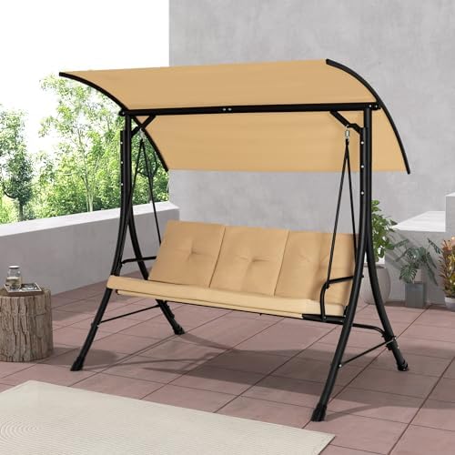 HAPPYGRILL 3-Seat Outdoor Porch Swing with Adjustable Canopy, Armrests, Metal Frame & Thickened Cushions, Patio Swing Chair for Garden, Poolside & Deck