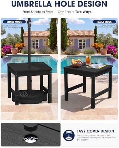 KINGYES Double Side Table with 1.6'' Umbrella Hole, HDPE Adirondack End Table- Black