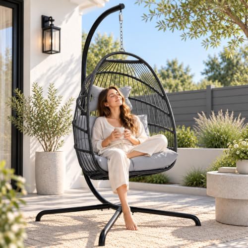 NICESOUL Swing Egg Chair Outdoor Indoor, Patio Wicker Hanging Egg Chairs with Stand, Swinging Hammock with Padded Cushions, 350lbs Sturdy Egg-Shaped Seating for Porch Bedroom Balcony Xmas Gift, Grey
