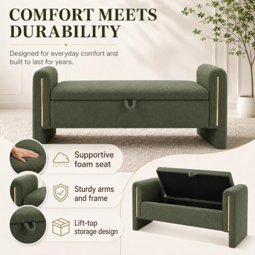 52" Upholstered Storage Bench, Green, Armrests, Wood Frame