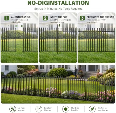 No Dig Decorative Garden Fence, 48in(H)×17.6ft(L), 8 Panels with Gate