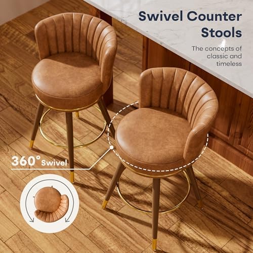 SeekFancy 24 Inch Brown Leather Swivel Counter Bar Stools Set of 2