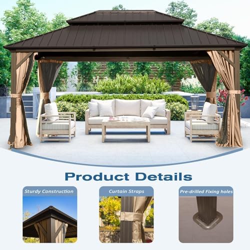 Domi 10x14 Outdoor Hardtop Gazebo, Metal Gazebo for Patios, Brown