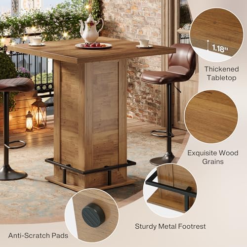 Tribesigns 39.4" H Square Bar Table, Industrial High Top Bistro Pub Cocktail Table with Metal Footrest for Kitchen Nook, Home Bar, Small Bars, Rustic Brown (Table Only)