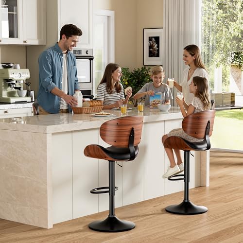 Bar Stools Set of 2, Swivel Adjustable with Bentwood Backrest, Black