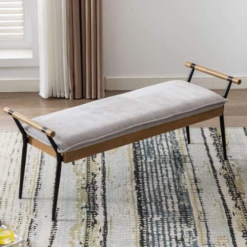 LukeAlon Modern Chenille Ottoman Bench with Arms & Metal Legs, Grey