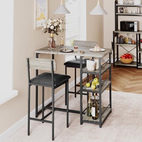 Dining Table Set for 2 with 3 Storage Shelves, 3-Piece Counter Height Kitchen Table Set with 2 Upholstered Bar Stools, Bar Table and Chairs Set for Small Space, Gray