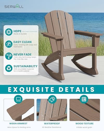 SERWALL Outdoor HDPE Adirondack Rocking Chairs, All-Weather, Coffee, 2PCS