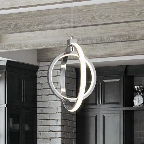 Modern LED Chandelier Chrome Ring Pendant Light Fixtures 4000K Dimmable Height Adjustable Pendant Lighting for Dining Room Kitchen Island Bedroom Living Room Foyer（Chrome Round 3-Pack）