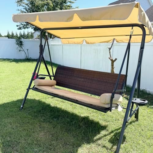 Outsunny 3-Seat Patio Swing Chair Swing Bench Adjustable Shade Rattan Seat