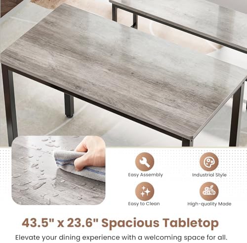 Dining Table Set for 4, 3 Piece Dining Room Table Set for Space-Saving, Modern Kitchen Table with 2 Benchs for Apartment Breakfast Nook and Samll Space, Grey