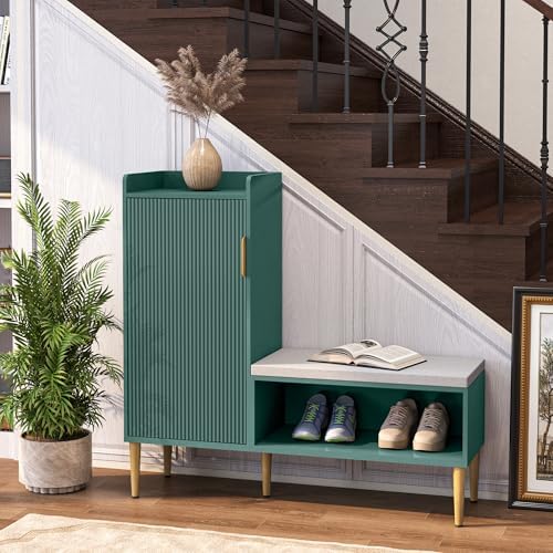 Storage Bench with Fluted Door&Shelf, L-Shaped Entryway Bench