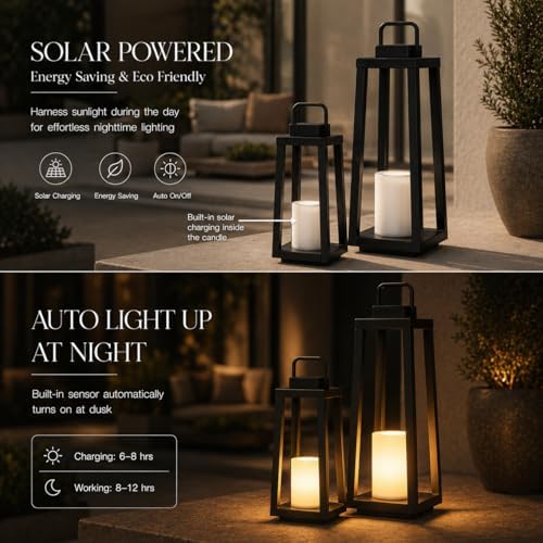 Integrated LED Solar Lantern Outdoor Large H24 Inch Black Metal Decorative Solar Light with Flickering Candle Waterproof Patio Lantern for Garden Pathway Porch Yard
