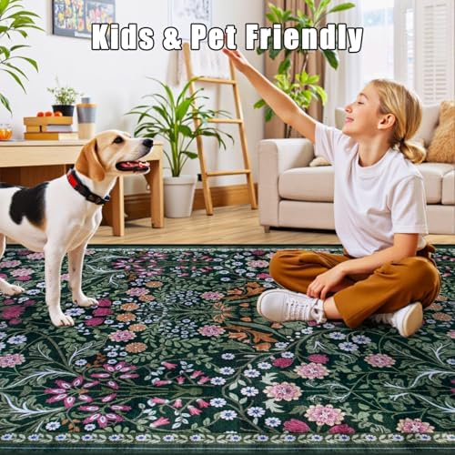 PLHXFR 8x10 Area Rug Living Room: Floral Washable Boho Carpet Dark Green