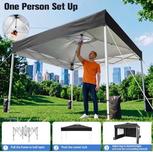 10x10 Pop Up Canopy Tent with One Push Setup, 3 Adjustable Heights, Black