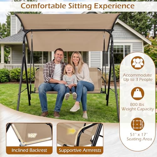 Tangkula 3 Person Porch Swing with Adjustable Canopy, 800 lbs Capacity