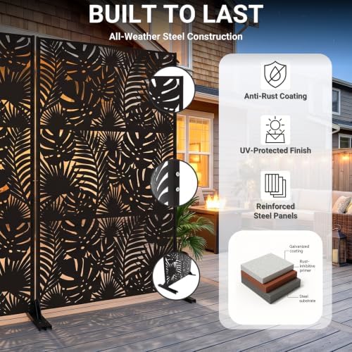 Metal Privacy Screen Outdoor – 72in Decorative Laser Cut Steel Garden Divider Panel with Tropical Leaf Design, Weatherproof Freestanding Modern Privacy Fence for Patio, Deck, Backyard & Balcony