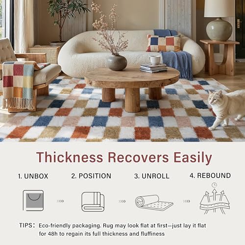 PureCozy Checkered Area Rug 9x12 for Living Room Soft Fluffy Shag Carpet
