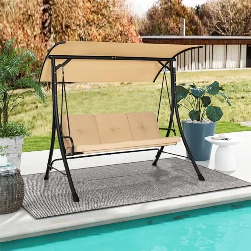 HAPPYGRILL 3-Seat Outdoor Porch Swing with Adjustable Canopy, Armrests, Metal Frame & Thickened Cushions, Patio Swing Chair for Garden, Poolside & Deck