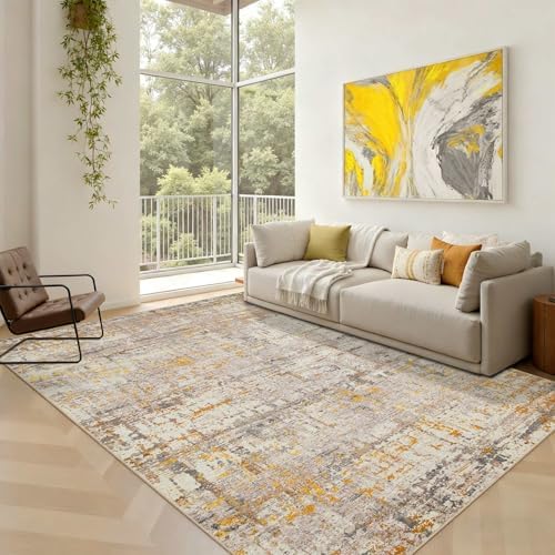 5x7 Neutral Abstract Area Rug, Beige Gold Carpet for Living Bedroom Dining