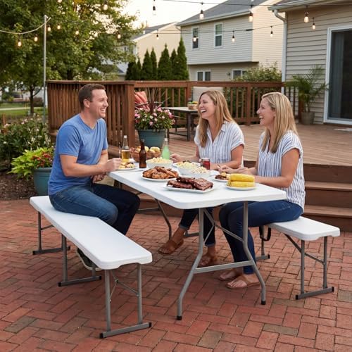Byliable Folding Bench 6ft,Portable Plastic Bench Seat with Handle,White