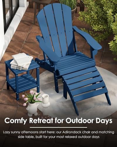 GREENVINES Folding Adirondack Chairs Set of 2 w/Cup Holder, HDPE, Blue