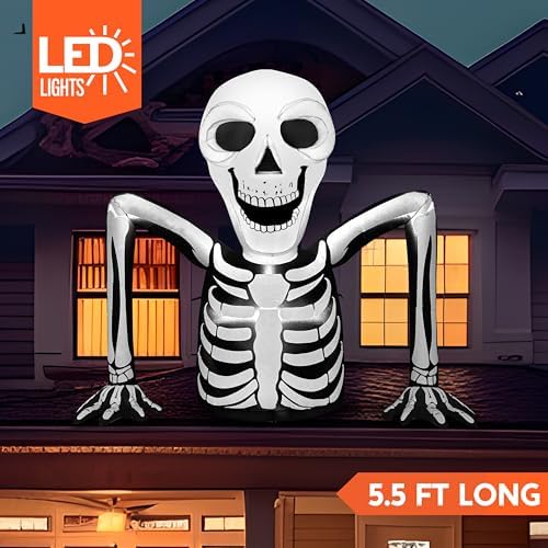Joiedomi 5.5 FT Long Halloween Inflatables Outdoor Decorations, Skeleton Halloween Decor Blow Up Yard Decorations with LEDs, Inflatable Skeleton Ground Breaker for Outside Lawn Garden Decor