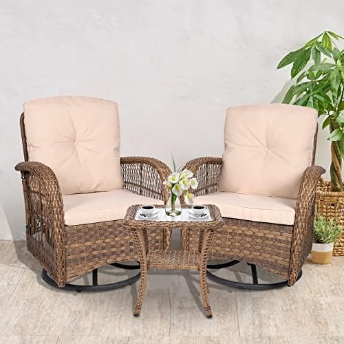 VIVIJASON 3-Piece Outdoor Conversation Bistro Set, Patio Swivel Glider Rocking Chairs Rattan Furniture Sets w/ 2 Rattan Chairs, Cushions, Glass Top Side Table for Porch Backyard, Light Brown