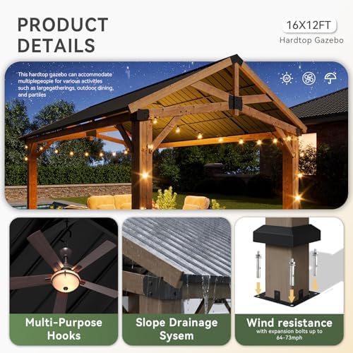 Aoxun 12' x 16' Wood Gazebo with Galvanized Steel Gable Roof, Gray