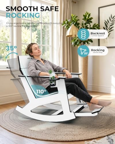Ciokea Outdoor Rocking Chair with Pull-Out Footrest, Solid Backrest, White