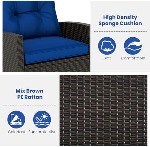 RELAX4LIFE 3-Piece Rocking Bistro Set - Rattan Wicker Rocking Chairs Set of 2 w/Soft Cushions, Glass Coffee Table, Outdoor Conversation Rocker for Porch Balcony, Small Patio Furniture (Brown-Navy)